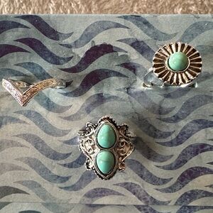 V , elongated and round Silver and Turquoise Ring Set. All sz 7.